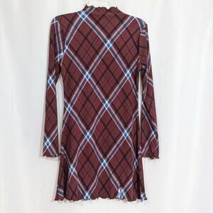 Women's Plaid Argyle Diamond‎ Dress Mock Neck Burgundy Size Medium Soft Ruffle